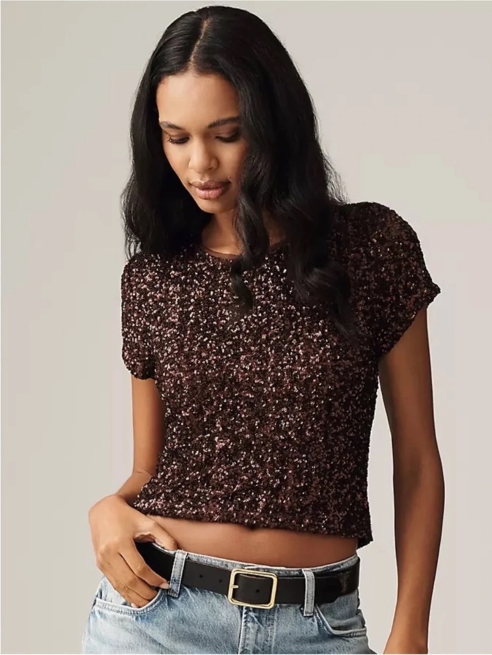 Anthropologie Maeve Sequin Tee in Brown size XXS nwt